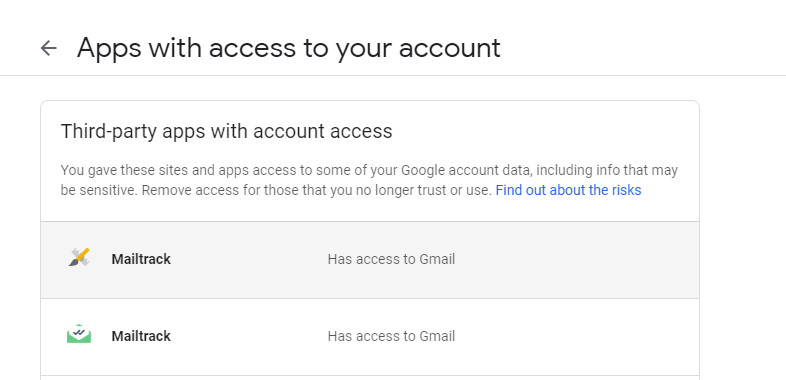 Mailtrack listed twice as app with account access