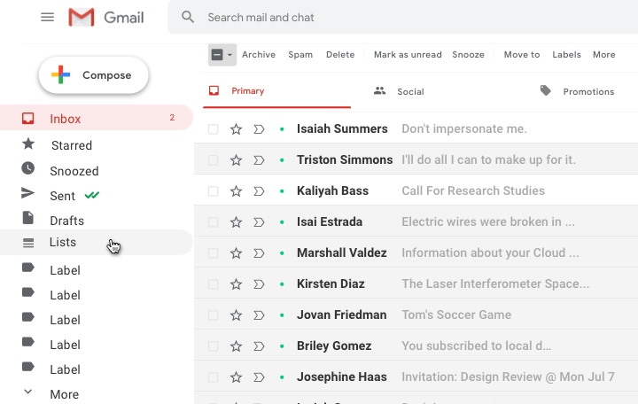 Lists option in the Gmail menu