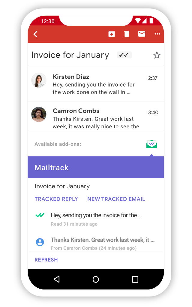 Email activity in the mobile add-on