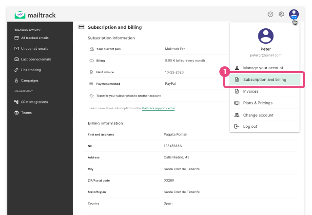The subscription and billing section in the Mailtrack dashboard
